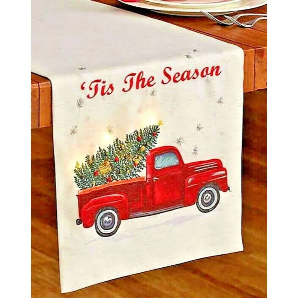 Red Farm Truck Table Runner 72x14 Light Up Cabin Lodge Tis The Season